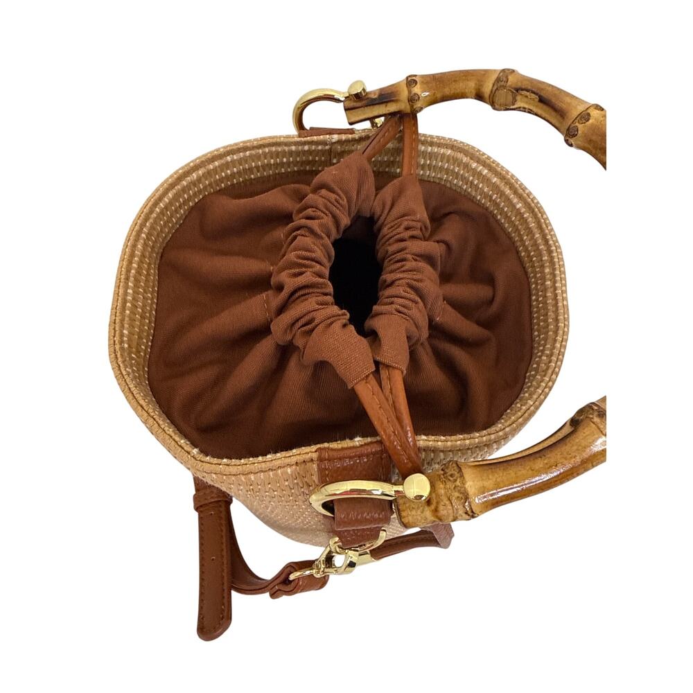 Katie Loxton Gigi Straw Woven Bucket Bag Bamboo Handle Brown Crossbody NWOT - Picture 5 of 9